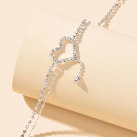 1pc Luxurious Heart Decor Double Layered Adjustable Rhinestone Anklet Women - Picture 3 of 3